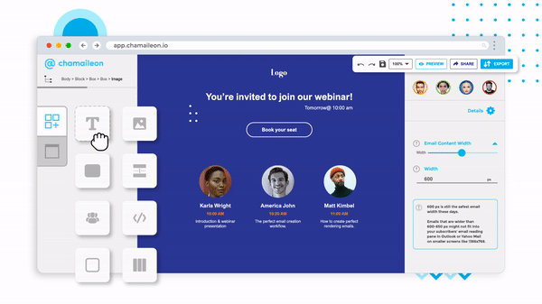 Drag and drop pre-coded email content to build mobile-responsive emails in no time